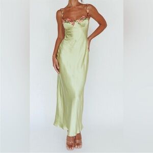 Selfie Leslie Light Lime Satin Slip Dress with Floral Appliqué NWT